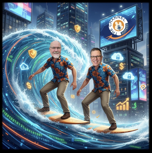 Jeff Lennon and John McCabe, hosts of The Channel Surfers, riding a digital wave through a neon city skyline