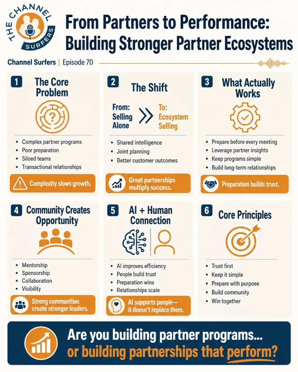 From Partners to Performance infographic: the core problem, the shift from selling alone to ecosystem selling, what actually works, community, AI plus human connection, and core principles.