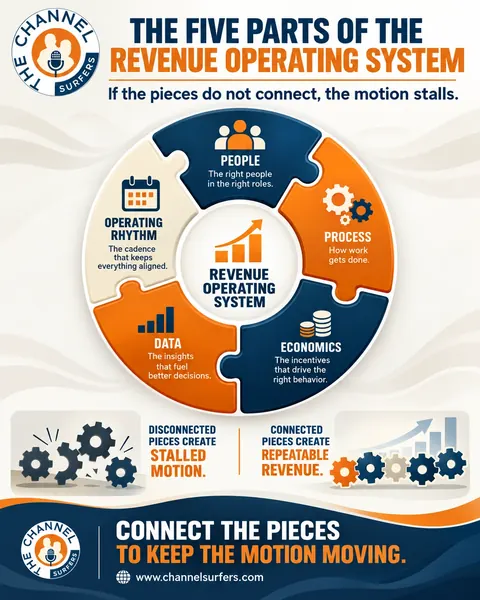 Infographic: The Five Parts of the Revenue Operating System, People, Process, Economics, Data and Operating Rhythm. Connected pieces create repeatable revenue.