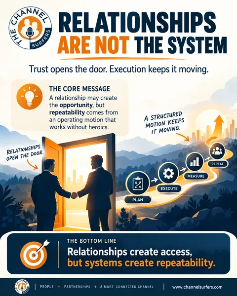 Infographic: Relationships Are Not the System. Trust opens the door, execution keeps it moving. Relationships create access, but systems create repeatability, through a plan, execute, measure, repeat motion.
