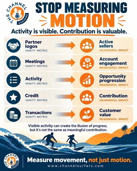 Infographic: Stop Measuring Motion. Five vanity metrics, partner logos, meetings, activity, credit and transactions, and the meaningful impact to measure instead.