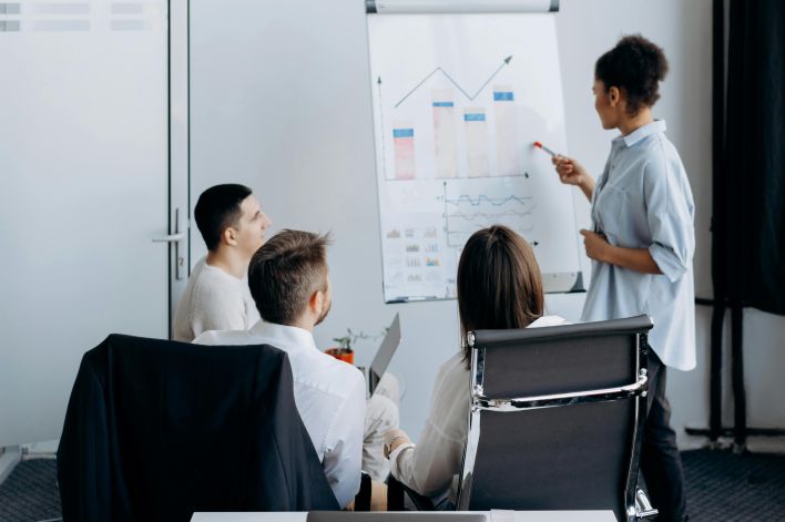 Business team in meeting with presenter discussing charts on a flip board.