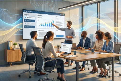 Smiling businessman in a corporate setting with charts. Professional and confident.