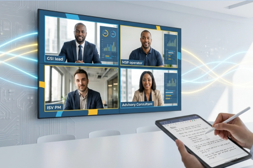 Business team in meeting with presenter discussing charts on a flip board.