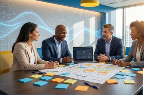 Two business professionals reviewing financial charts and graphs in a modern office setting.